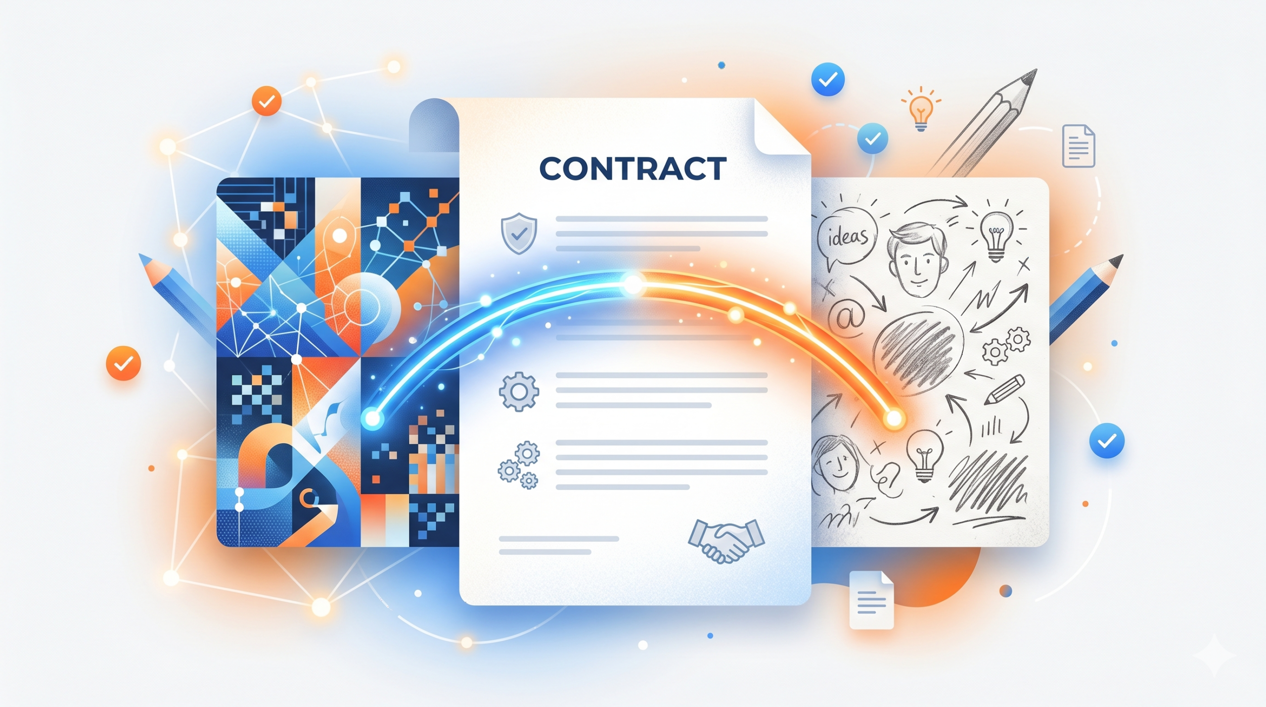 契約書とAI生成画像が並ぶ机、信頼を可視化するメタファー