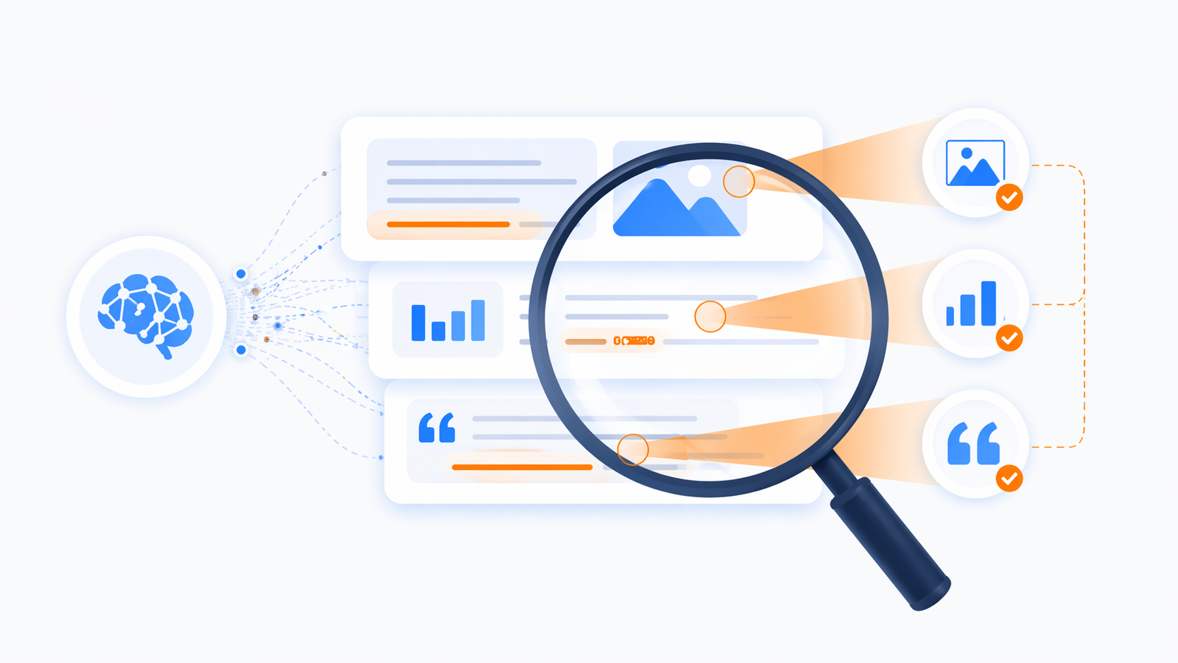 AIが提示した情報を人間が虫眼鏡で確認している様子