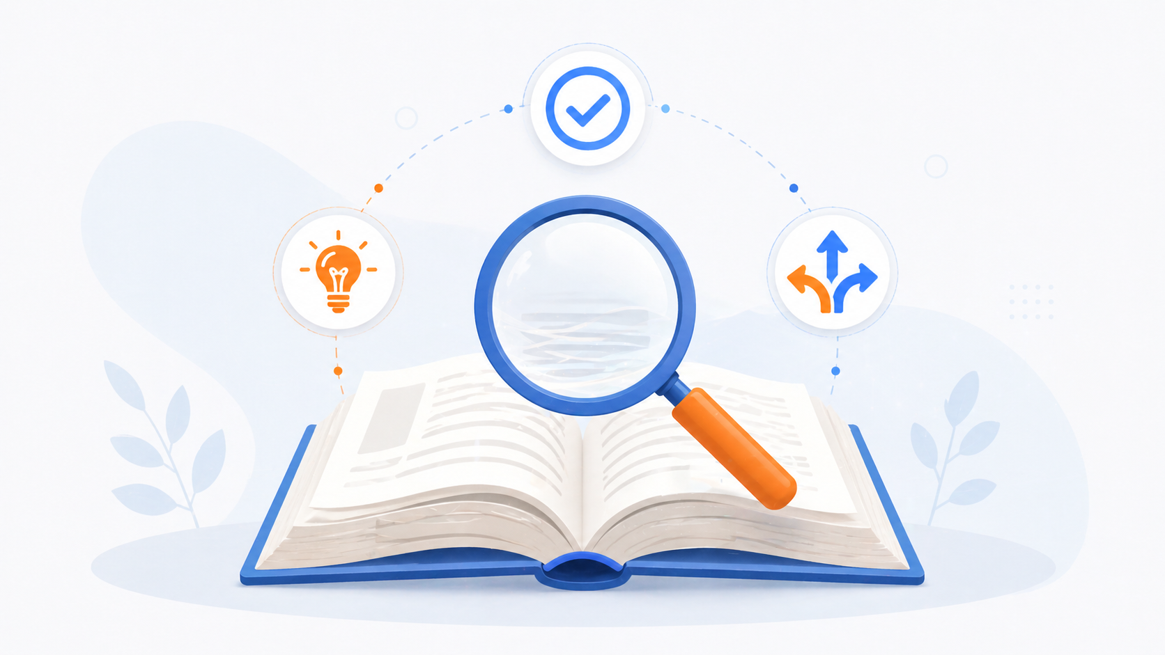 開いた本（辞書）と虫眼鏡が浮かび、周囲にチェックマーク・電球・矢印の抽象アイコンが整理された配置で並ぶコンセプトイラスト
