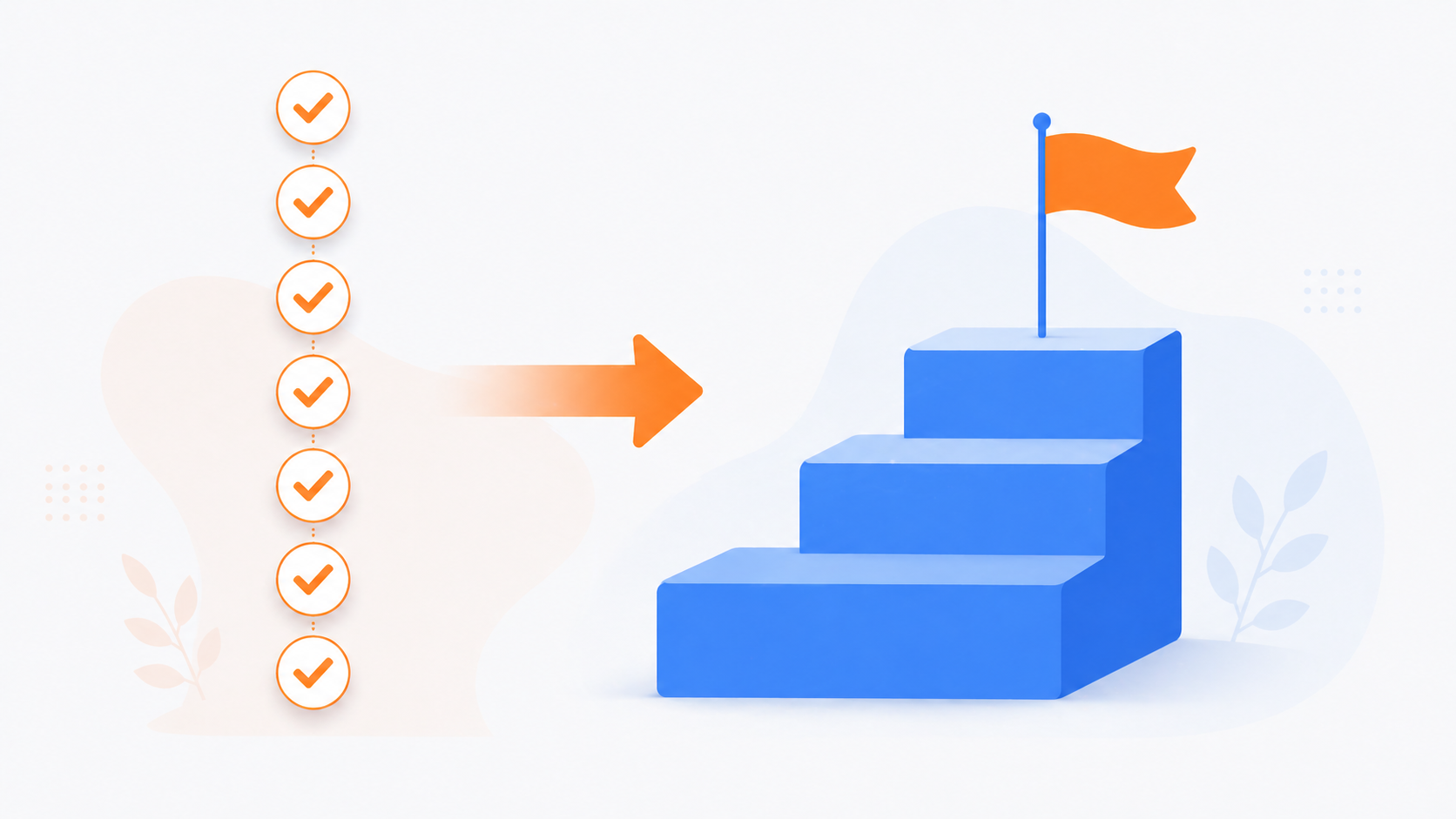 左側に7つのチェック印アイコンが縦に並び、矢印を介して右側に3段の階段と頂上の旗が立ち上がるコンセプトイラスト