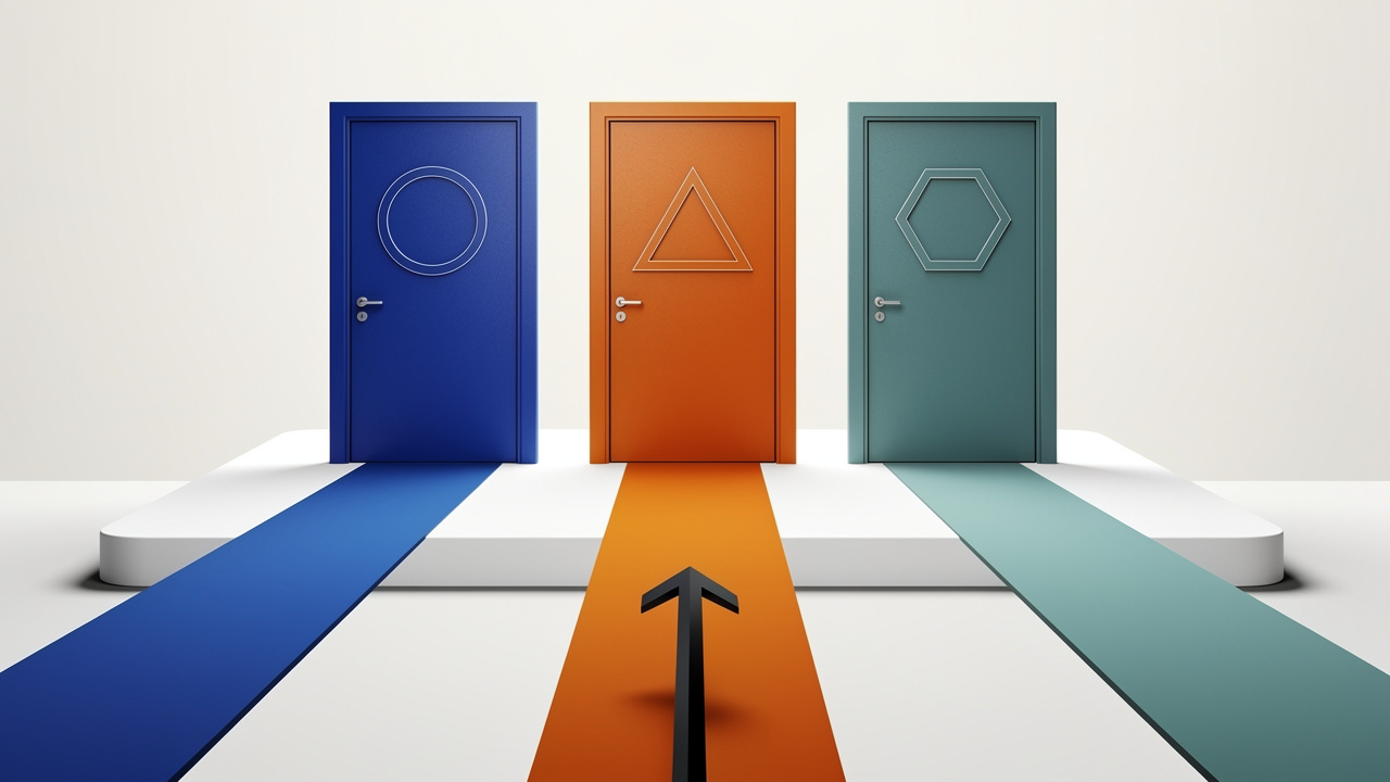 3つの扉の前で迷う矢印のイラスト