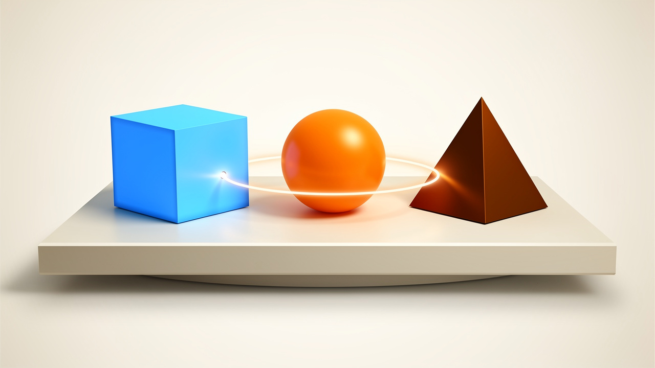 3つの幾何学的な道具（青い立方体・橙の球体・茶色の三角錐）が中央のテーブルで連携している図。並行運用の役割分担を象徴