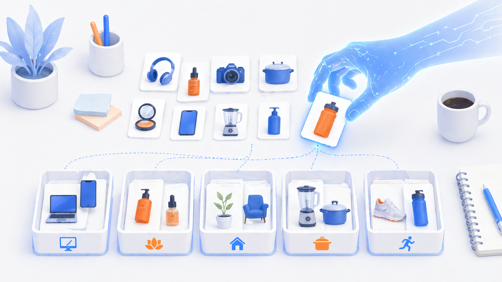 AI買い物アシスタントが商品を分類・比較している概念図