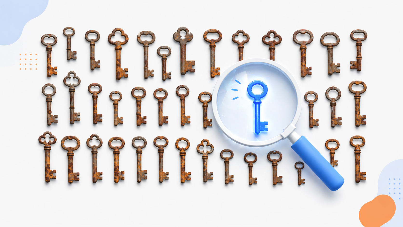 長い年月を経て錆びついた無数の鍵が並ぶ中、1つだけ光る鍵を見つけ出す虫眼鏡のコンセプトイメージ