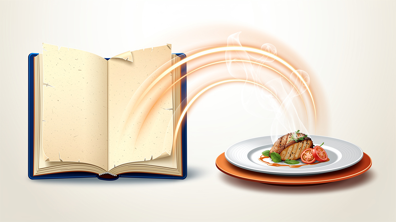 古びた料理本のページから湯気の立つ料理が立ち上がるコンセプトイラスト