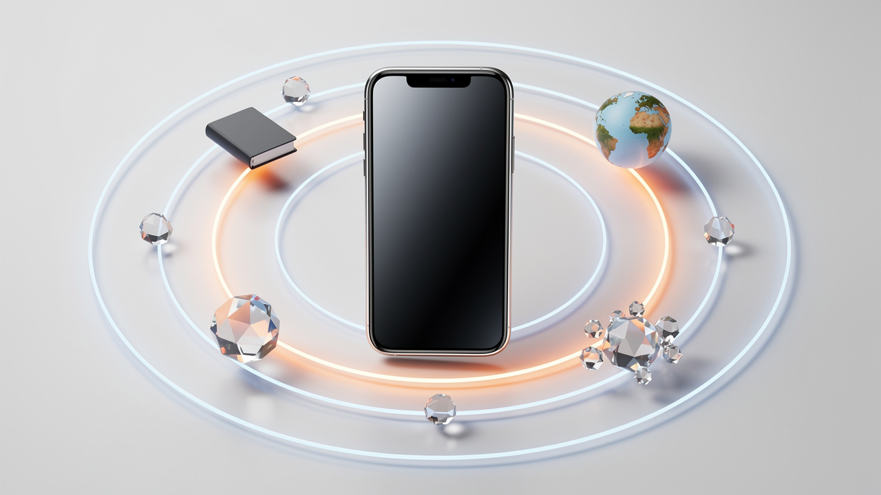 スマホ画面から青とオレンジの光の輪が広がるコンセプトイラスト