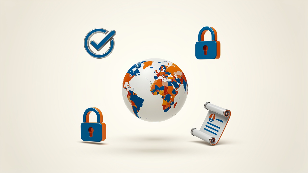 鍵マークと盾が並ぶ地球儀のコンセプトイラスト、生成AIの安全利用を表現