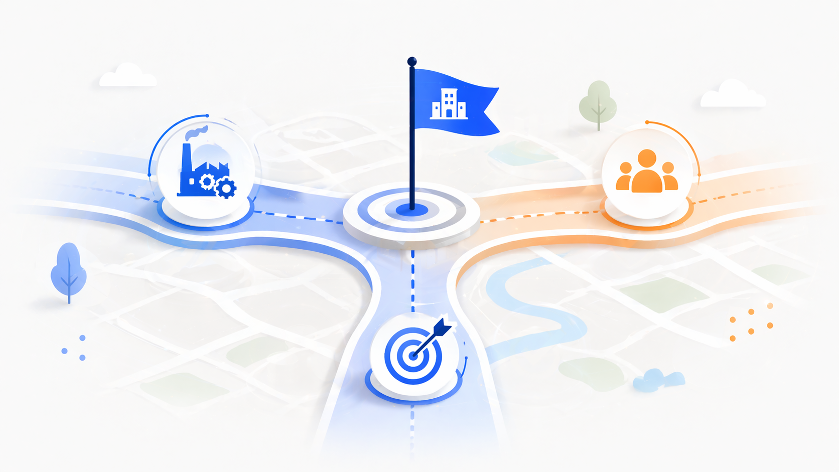 3つの道が分岐する地図と、中心に立つ会社の旗